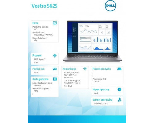 Laptop Dell Vostro 5625 (N1005VNB5625EMEA01) / 32 GB RAM / 512 GB SSD PCIe / Windows 11 Pro