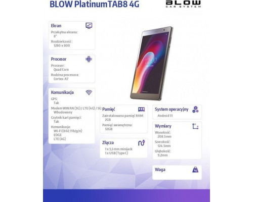 Tablet Blow PlatinumTab 8" 32 GB 4G LTE Szare (79-055#)