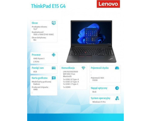 Laptop Lenovo ThinkPad E15 G4 Ryzen 5 5625U / 8 GB / 512 GB / W11P (21ED0082PB) / 40 GB RAM / 2x 512 GB SSD PCIe / Windows 11 Pro