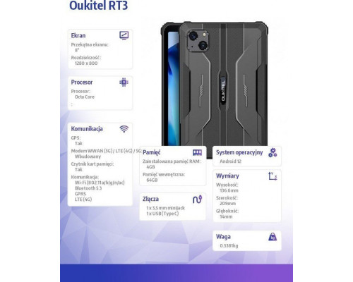 Планшет Oukitel RT3 8" 64 GB 4G LTE Czarne (RT3-BK/OL)
