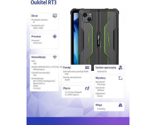 Планшет Oukitel RT3 8" 64 GB 4G LTE Zielone (RT3-GN/OL)
